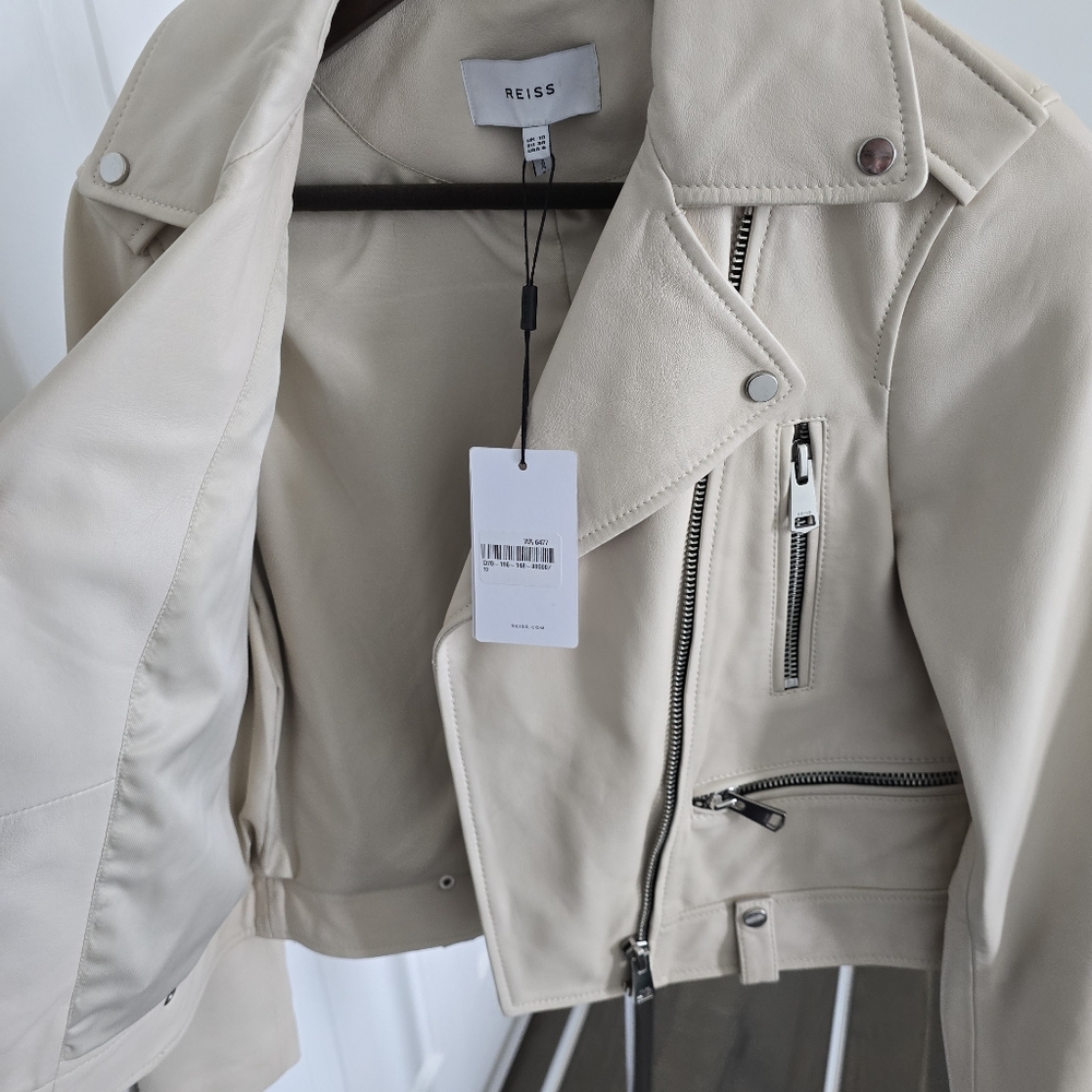 Reiss Santiago Leather Biker Jacket, Size US 6, off-white, NWT - Picture 2 of 13